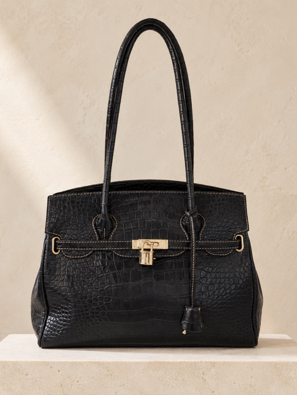 Black Croc-Embossed Leather Tote Bag with Gold Hardware